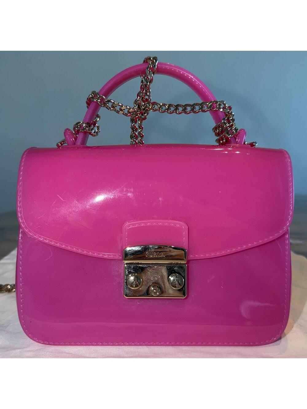 NEW Furla Candy Meringa Mini Crossbody Fuschia Hot‎ Pink PVC Rubber Top Handle - Picture 2 of 9